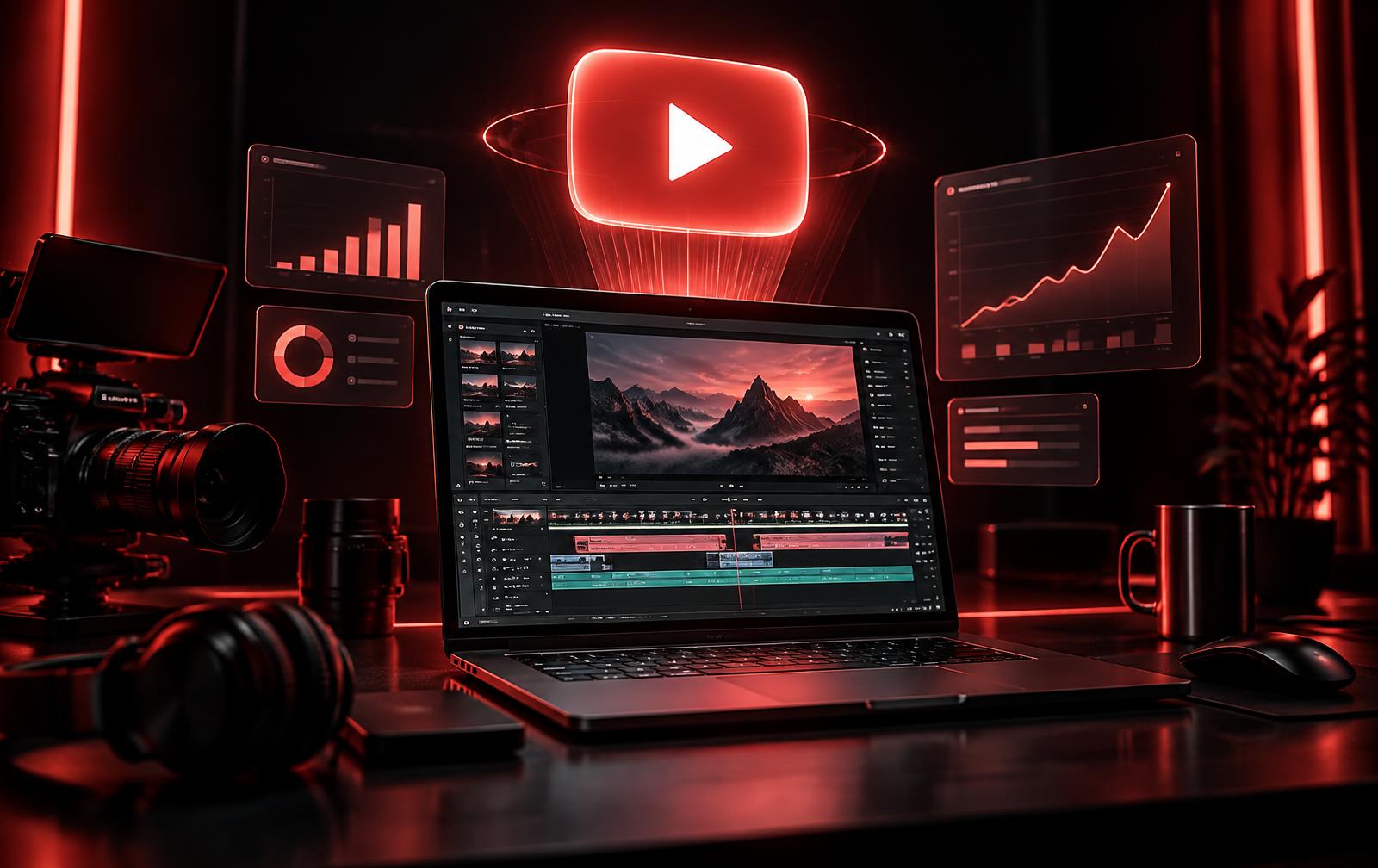 Creator studio with YouTube analytics and video editing on a laptop